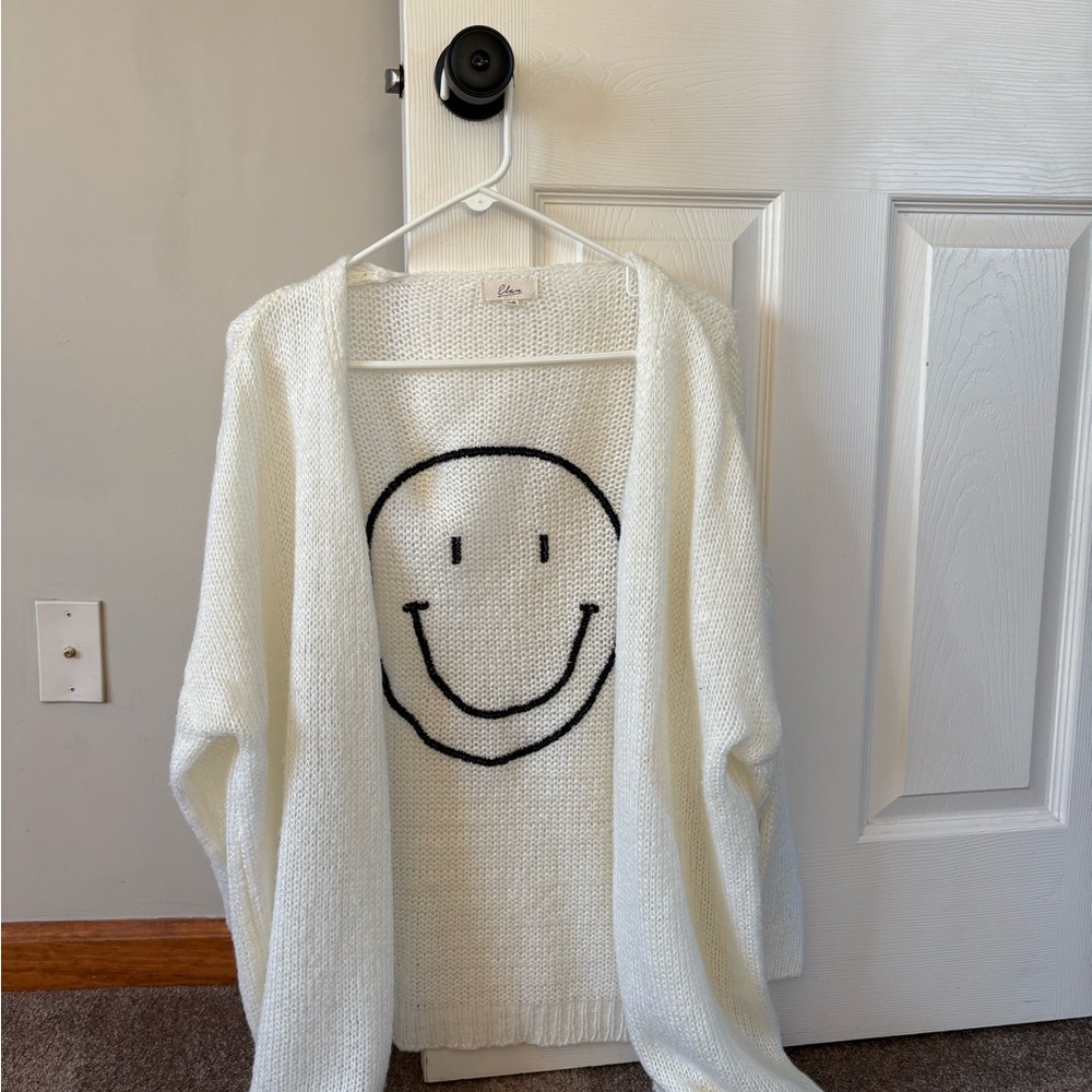 Elan Cream Open-Front Cardigan with Black Smiley Knit